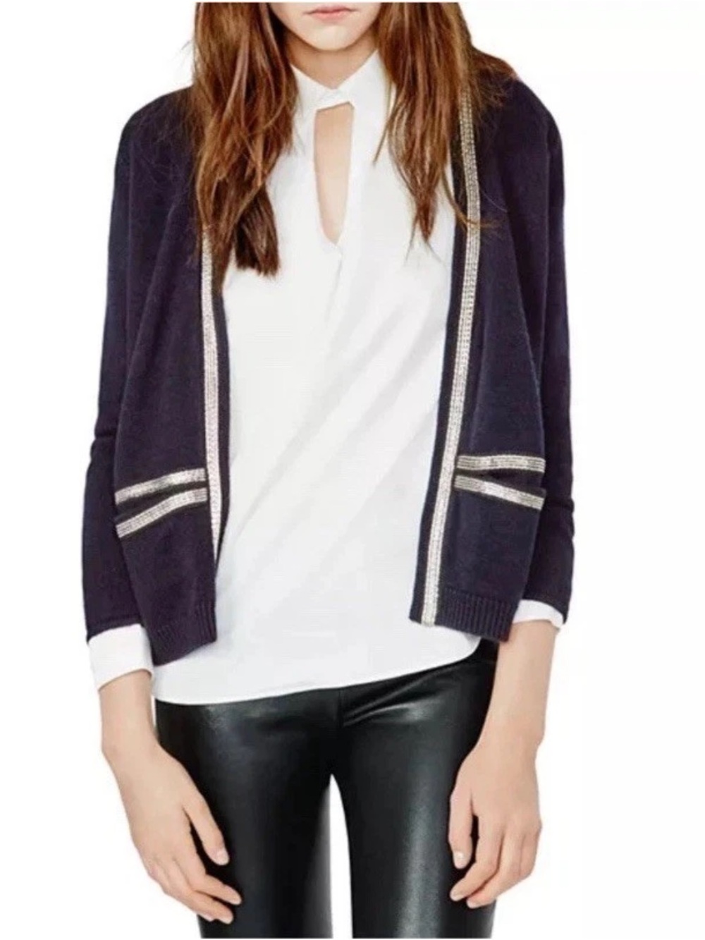Maje Miranda Navy Blue Wool Silk Cardigan Metallic Trim Pockets Size 2/Medium